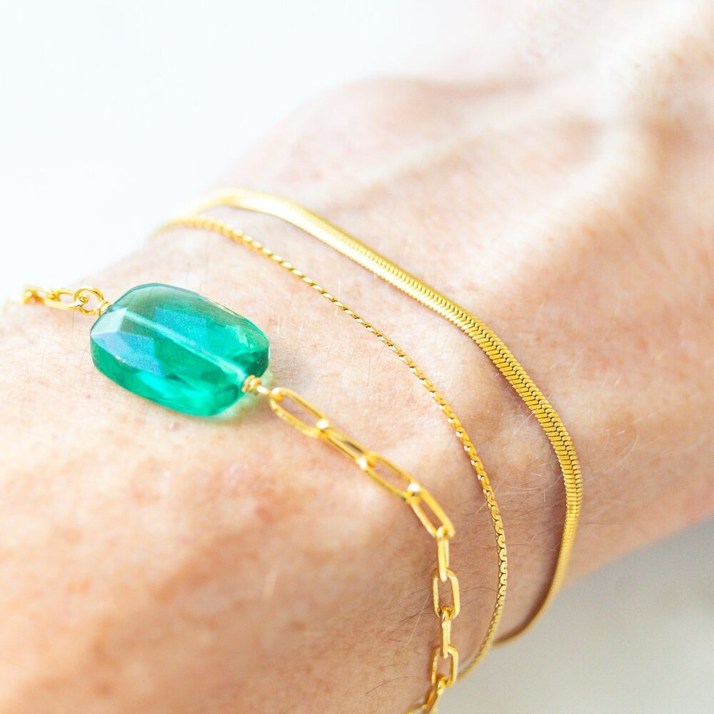 Green Apatite Quartz Gemstone Bracelet Gold paperclip chain statement bracelet